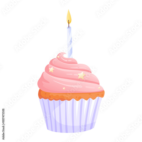 Festive pink cupcake with topper and birthday candles, in flat vector style, isolated on white background. Vector festive sweet desserts for a birthday or small celebration