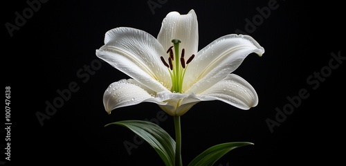 Delicate white lily with a single dewdrop, centered against a stark black background