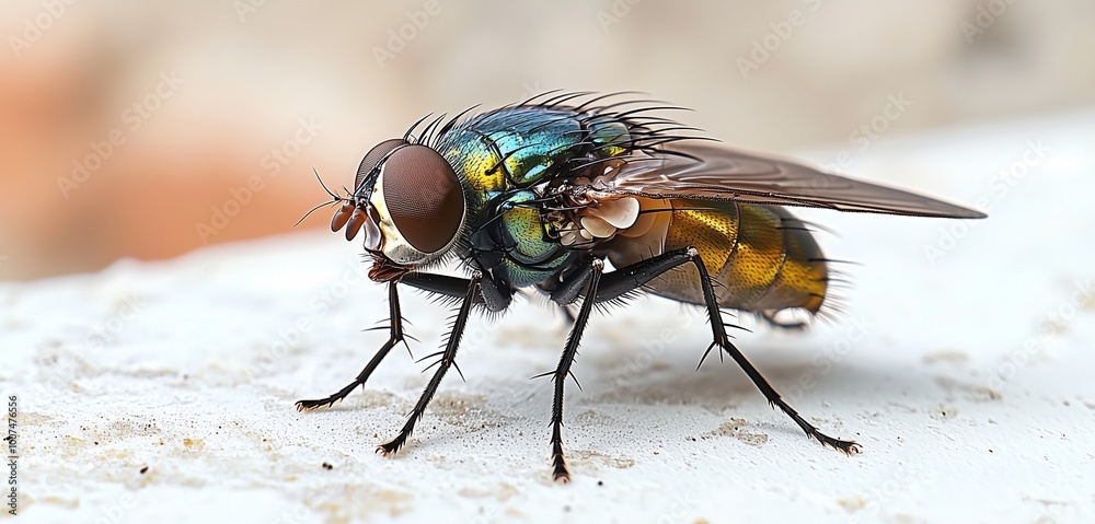 Detailed image of a common housefly perched on a white surface in high resolution Detailed image of a common housefly perched on a white surface in high resolution