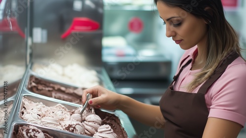 A dedicated staff member serves delicious gelato in a busy ice cream shop during a warm afternoon photo