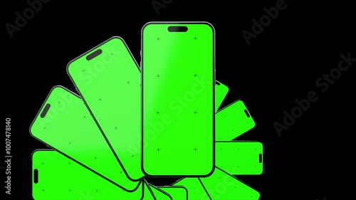 Smartphones with green screens ready for customization. Perfect for adding your own content, apps, or branding in video projects. Modern devices with blank displays for seamless integration.