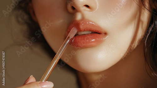 Close-up of a woman's lips applying glossy lip gloss photo