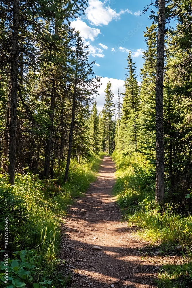 Fototapeta premium Forest path leading into the distance with green trees, blue sky, and white clouds. Peaceful and serene nature scene.