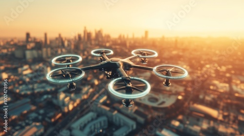 Futuristic City with Autonomous Delivery Drones in Flight