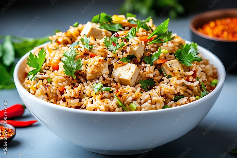 A simple vegetarian rice and tofu stir-fry served in a white bowl, topped with fresh herbs and a side of chili flakes. A simple vegetarian rice and tofu stir-fry served in a white bowl, topped with fresh herbs and a side of chili flakes.