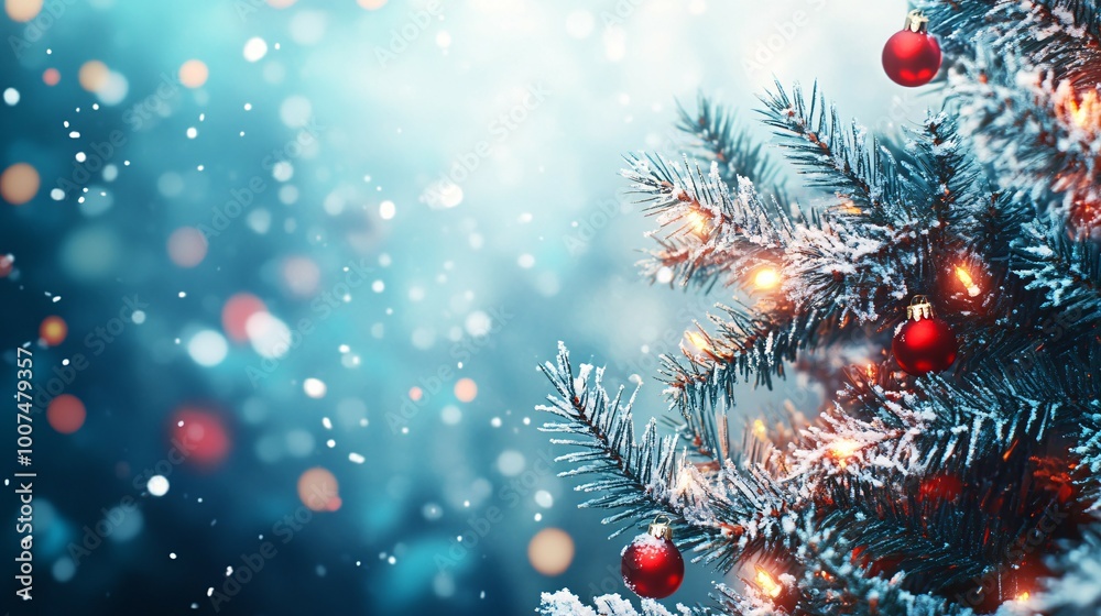 A Snowy Christmas Tree Branch with Red Ornaments and Lights A Snowy Christmas Tree Branch with Red Ornaments and Lights