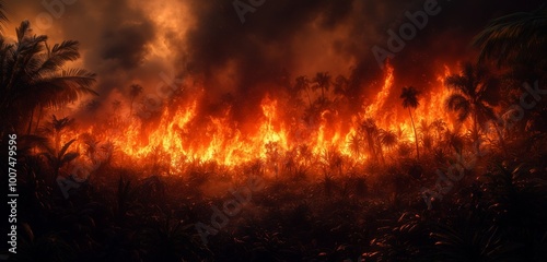 Minimalist depiction of fiery flames engulfing dark jungle foliage under a smoky sky