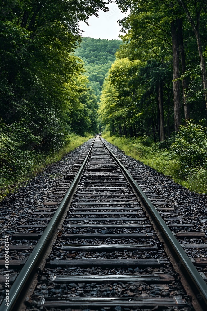 Train Tracks Through Lush Green Forest, Railroad Through Nature, Journey, Adventure, Travel Train Tracks Through Lush Green Forest, Railroad Through Nature, Journey, Adventure, Travel
