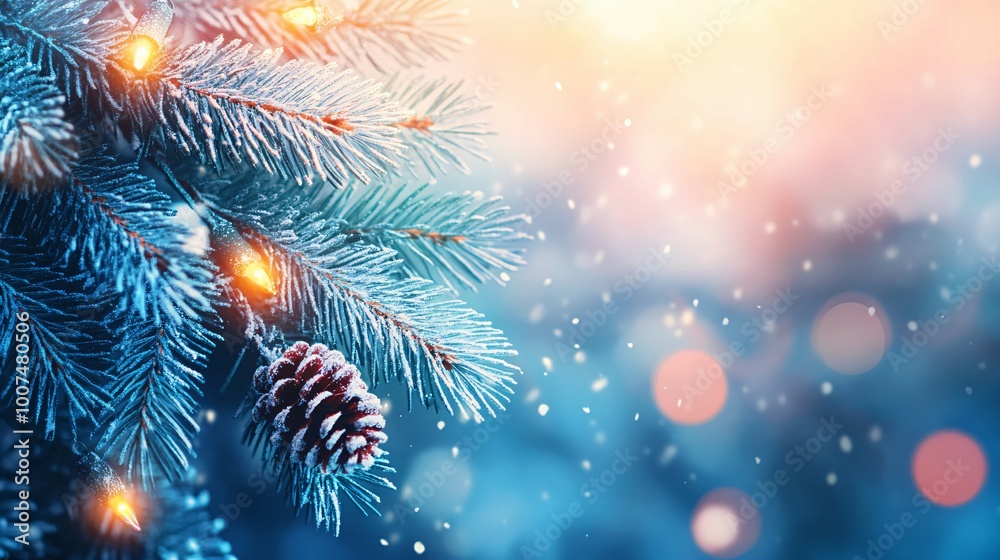 Fototapeta premium A Snowy Pine Branch with Lights and a Pinecone