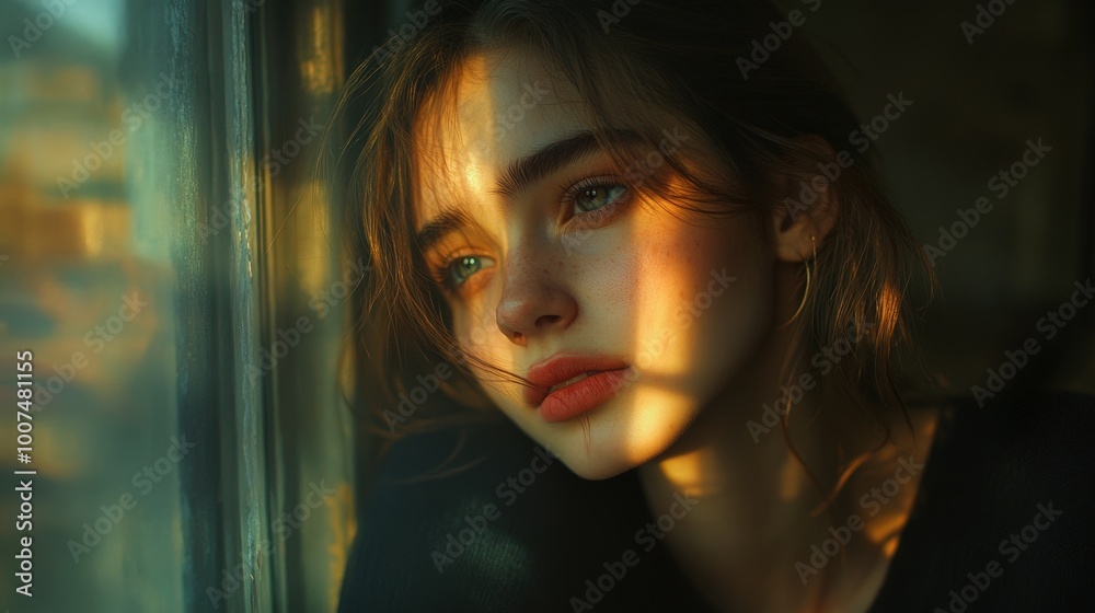 Young Woman Gazing Out the Window with Soft Light Young Woman Gazing Out the Window with Soft Light