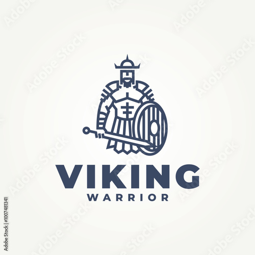 minimalist viking nordic warrior line art icon logo vector illustration design. simple modern barbarian man with horn helmet, sword, and shield logo concept