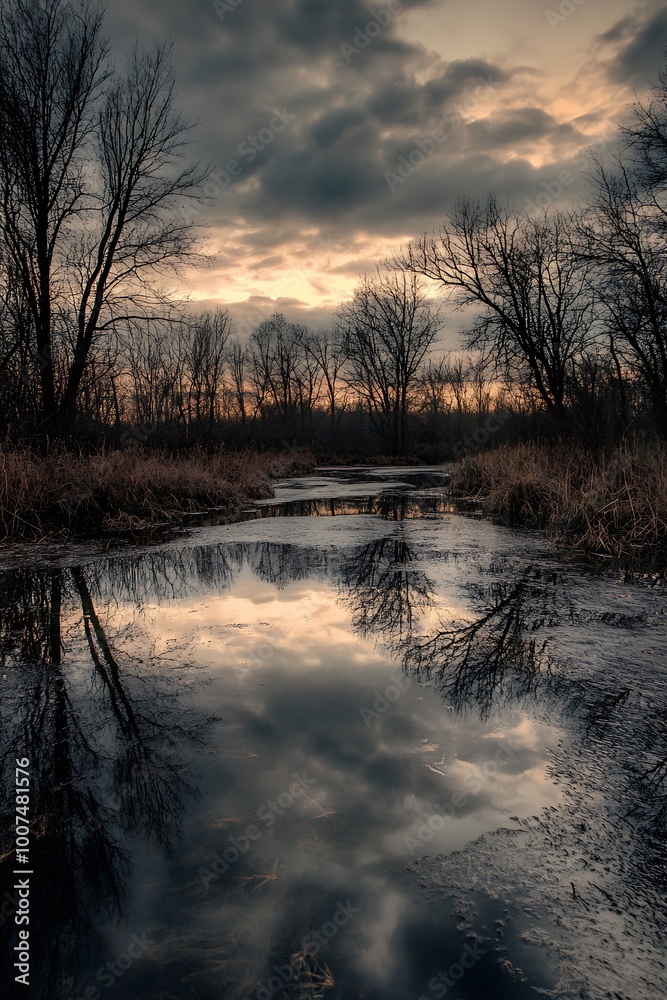 Dramatic sunset sky reflected in calm river water, with trees lining the banks Dramatic sunset sky reflected in calm river water, with trees lining the banks