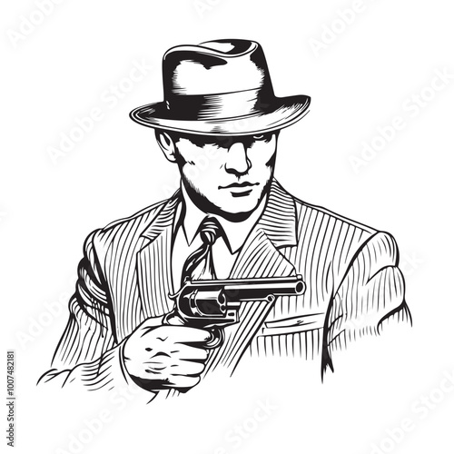 Classic Mafia Portrait, Man with Gun Stock Image  isolated on white background