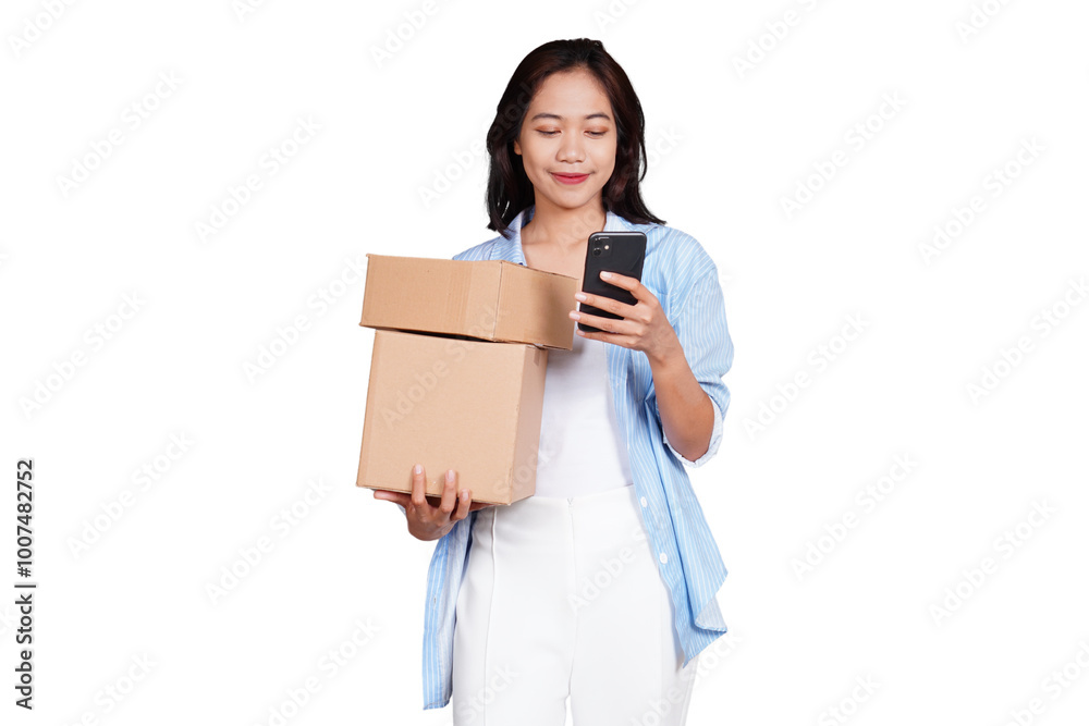 Asian woman holding boxed package while using phone isolated transparent Asian woman holding boxed package while using phone isolated transparent