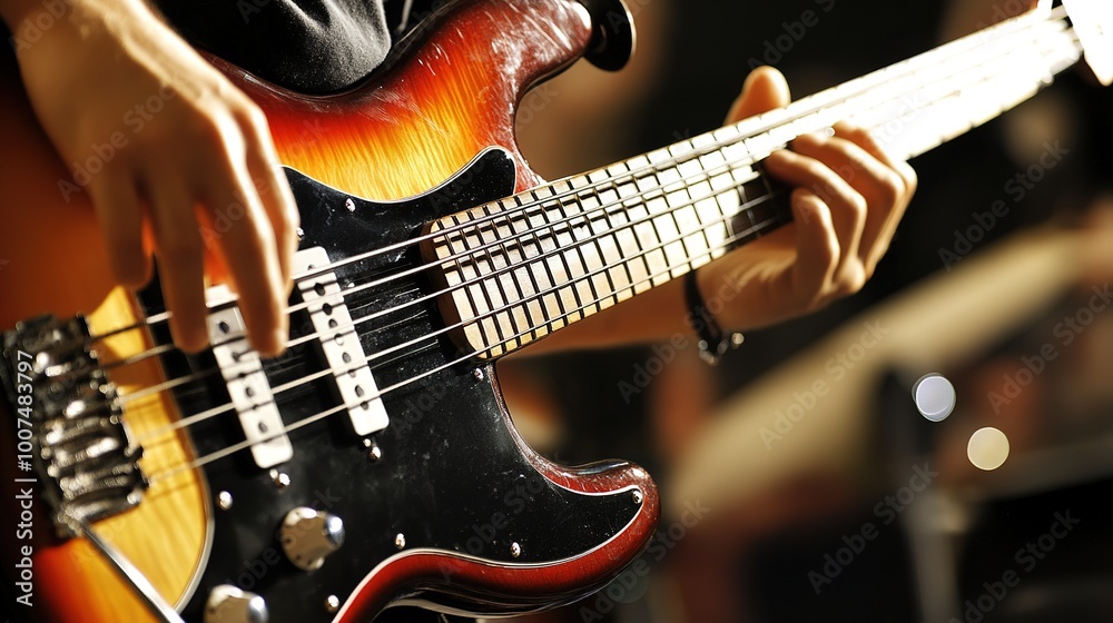 Obraz premium A sleek and stylish bass guitar resting on a vibrant backdrop, showcasing its beautiful craftsmanship and design. The instrument features a glossy finish and intricate details