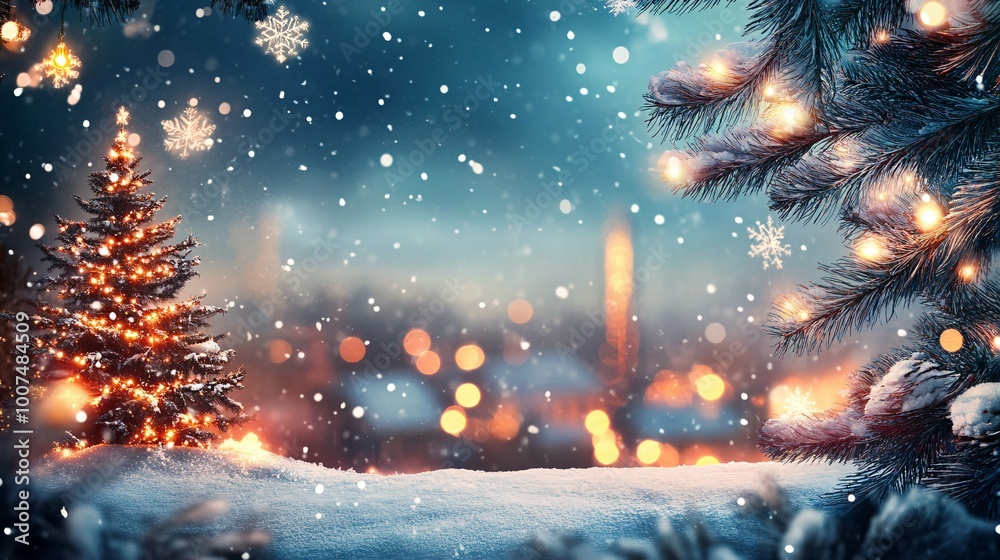 Illuminated Christmas Tree in Snowy Winter Landscape Illuminated Christmas Tree in Snowy Winter Landscape