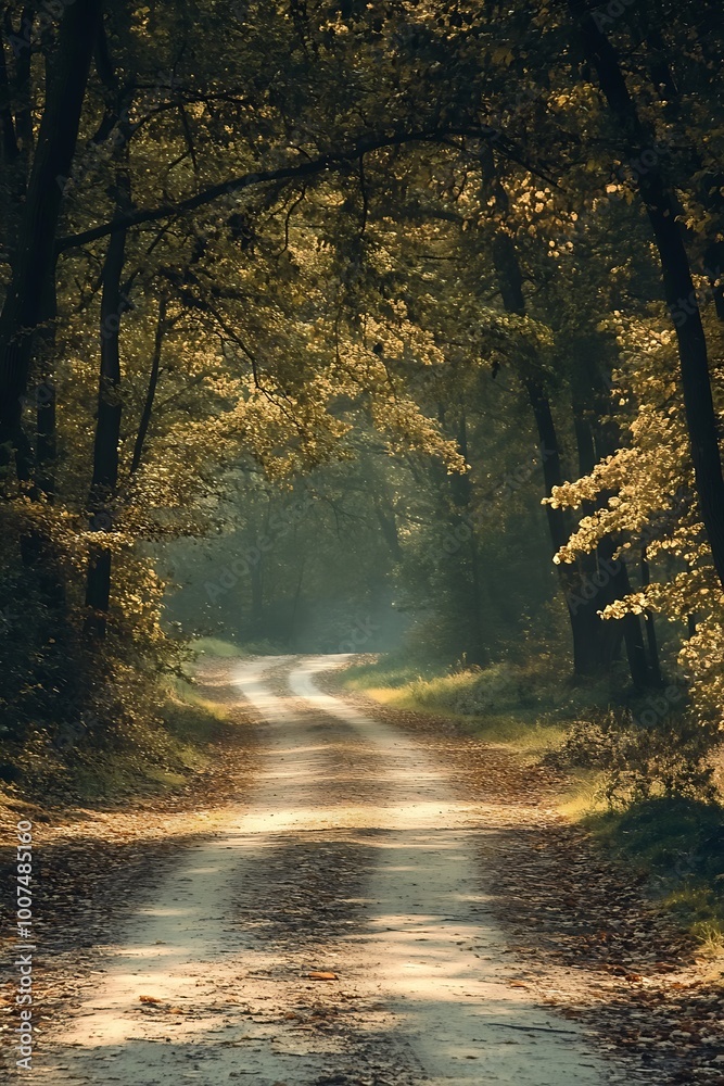 Fototapeta premium Sunbeams through trees on winding forest road in autumn. Golden light, mystery, nature, landscape photography