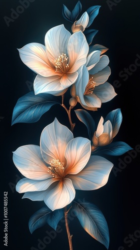 colorful plumeria flowers on a black background, white flowers and art