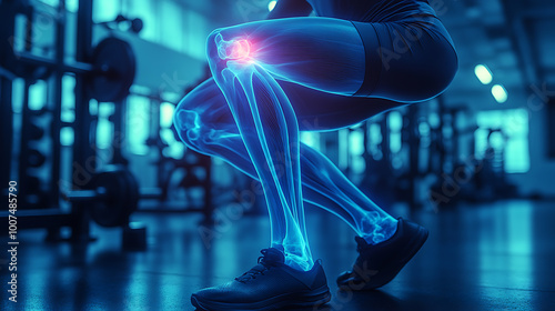 X-ray showing cartilage damage in an athlete’s knee, standing near gym equipment in a modern gym. Bright medical lighting enhances contrast, with a slightly defocused background.
 photo