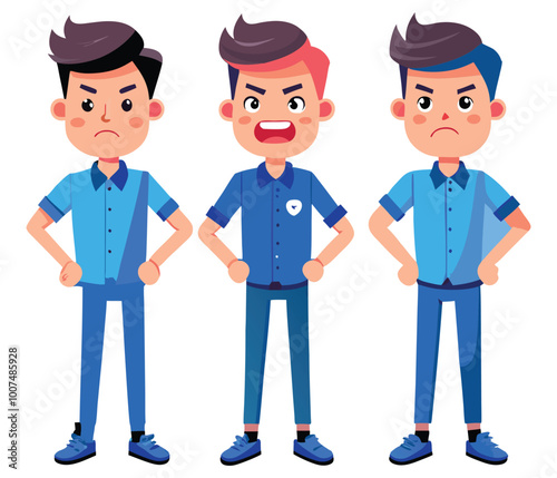 Set of young handsome man wearing blue shirt and jeans showing negative emotions with different gestures. Upset, dislike, angry, refused isolated vector illustration.