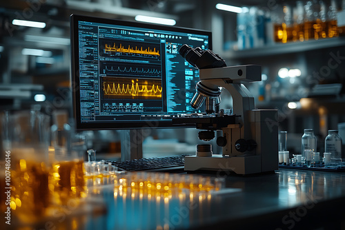  A cutting-edge medical research laboratory featuring a microscope and test tubes filled with biochemicals on the desk, showcasing the advanced biotechnology development center with high-tech equipmen photo