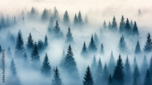 A dense forest blanketed in mist. Tall evergreen trees, possibly pines or firs, dominate the scene, their silhouettes contrasting against the ethereal white fog that envelops them.