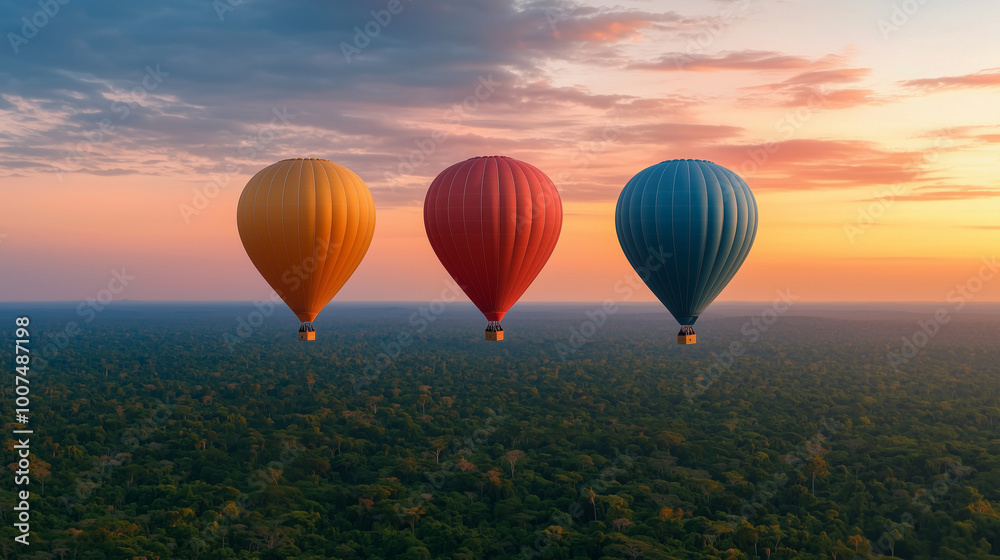 Fototapeta premium Hot air balloon at sunset over beautiful Amazon Rainforest, Brazil