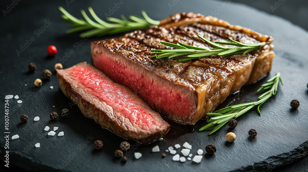 A succulent piece of steak, cooked to a medium-rare level, presented on a dark slate plate. The steak is sliced into several portions, revealing a pinkish-red center, indicative of its doneness A succulent piece of steak, cooked to a medium-rare level, presented on a dark slate plate. The steak is sliced into several portions, revealing a pinkish-red center, indicative of its doneness