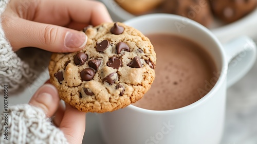 Enjoying a warm chocolate chip cookie with a hot beverage on a cozy afternoon in a well-lit kitchen