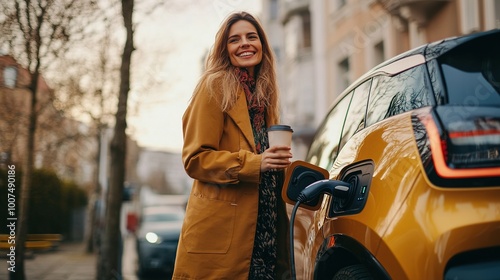 Cheerful woman charging her electric car, holding a coffee cup and standing next to the vehicle at a station