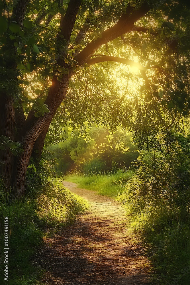 Obraz premium Sun rays shining through the trees on a pathway in a lush forest