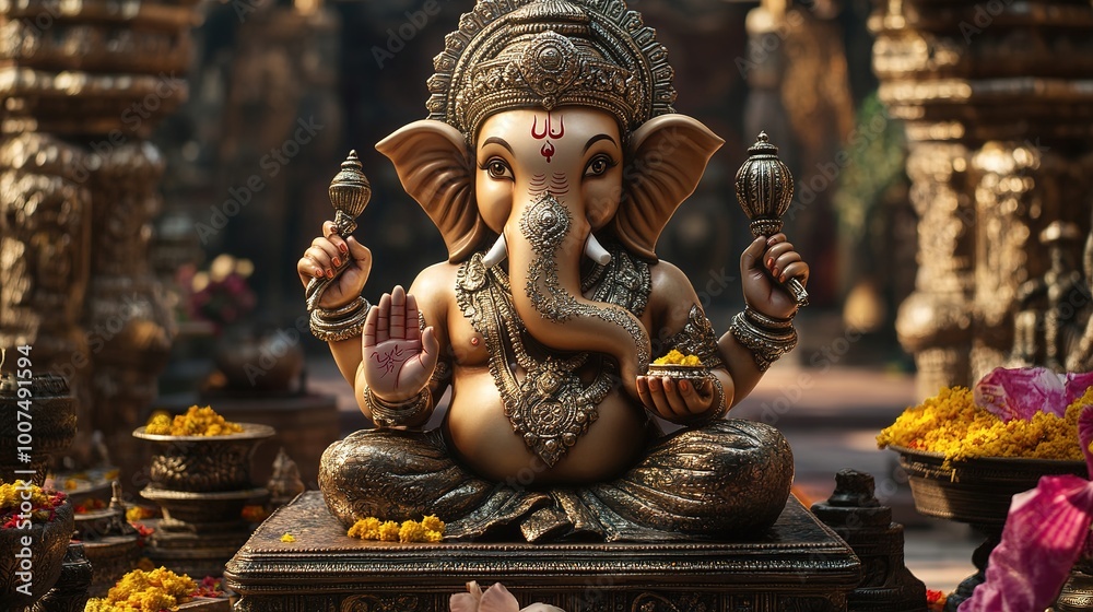 Fototapeta premium Beautifully crafted Ganesha idol, adorned with offerings in a temple