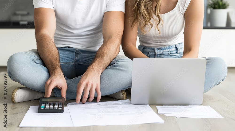 Fototapeta premium A couple sitting together at home, reviewing their tax paperwork, with a calculator and laptop, demonstrating diligence and teamwork in managing their financial responsibilities