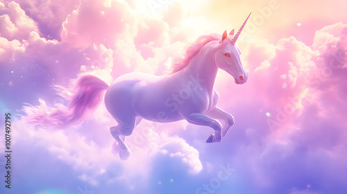 A Playful Photo-Realistic Unicorn Galloping Across a Pastel Rainbow Bridge Surrounded by Clouds and Floating Hearts