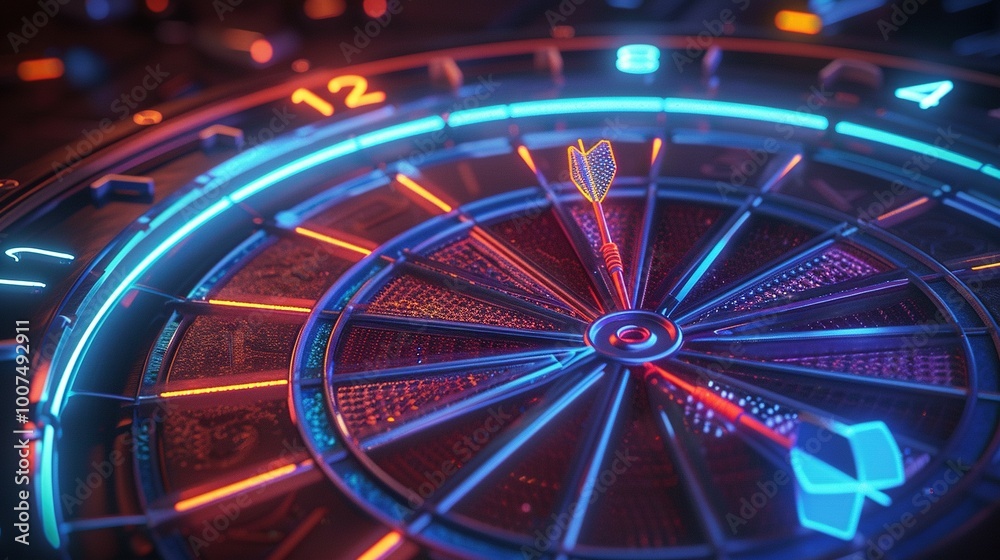 Close-up of a Neon-lit Dartboard with a Dart in the Center Close-up of a Neon-lit Dartboard with a Dart in the Center