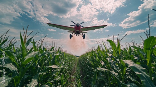 Low angle view of crop duster flying over cornfield photo