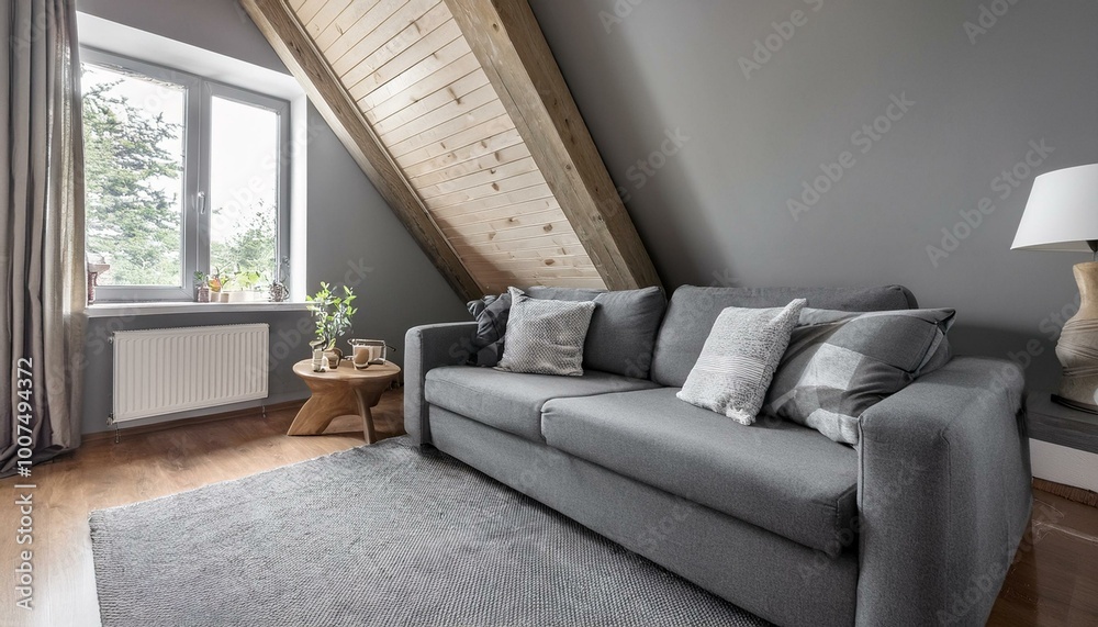 Fototapeta premium Grey attic living room interior with sofa