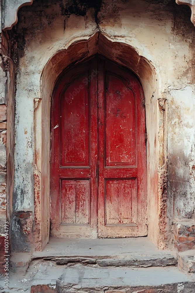 Old Red Wooden Doorway with Archway Entrance