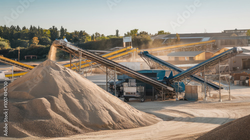 A pile of dirt is being moved by a conveyor belt. The belt is yellow and blue