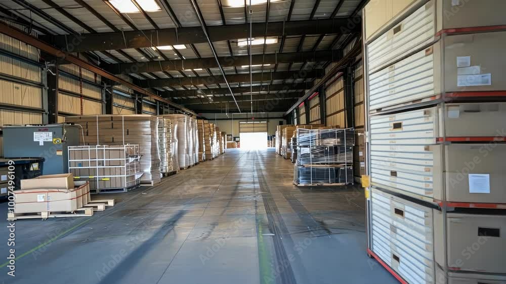 Neatly stacked cardboard boxes in a vast warehouse with a loading dock hinting at constant inventory flow. Organized aisles support smooth supply chain operations for businesses Neatly stacked cardboard boxes in a vast warehouse with a loading dock hinting at constant inventory flow. Organized aisles support smooth supply chain operations for businesses