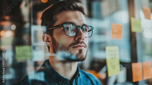 Young entrepreneur planning his next business strategy on a glass wall in a creative, open-concept office