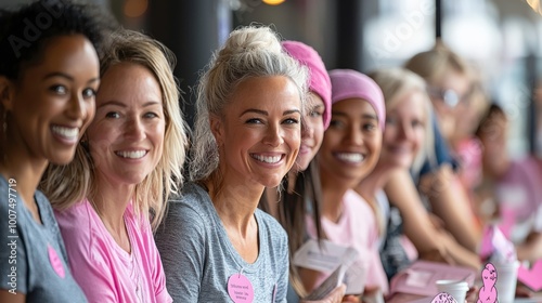 A diverse group of women at a breast cancer awareness event, receiving educational materials and learning about the benefits of regular screenings