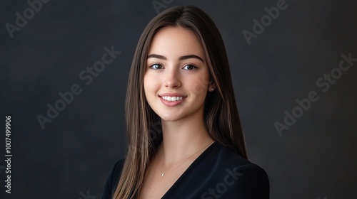 Professional employee studio portrait with soft lighting, standing confidently in front of a simple background