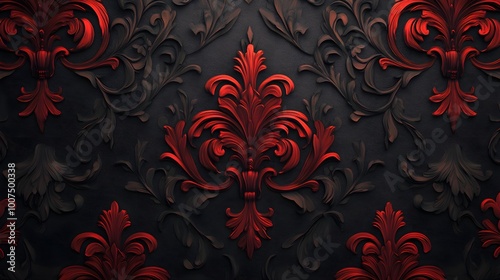 Ornate Baroque Floral Wallpaper Design in Elegant Red and Gold Tones