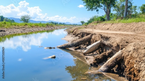 Eroded riverbank and damaged terrain after heavy rainfall and flooding