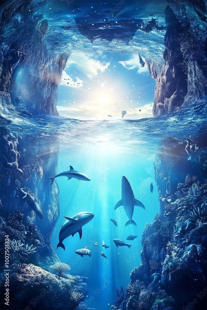 Obraz premium Panoramic dreamscape, fantasy worlds collide with underwater realms, surreal luminescence cascades throughout
