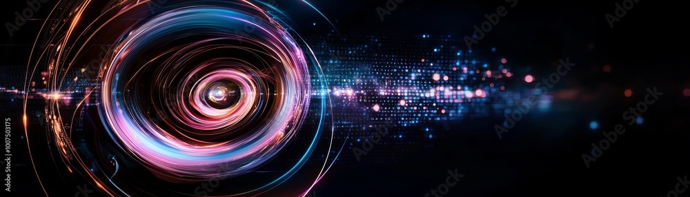 A mesmerizing digital galaxy swirling with vibrant neon colors, with a captivating vortex at its center