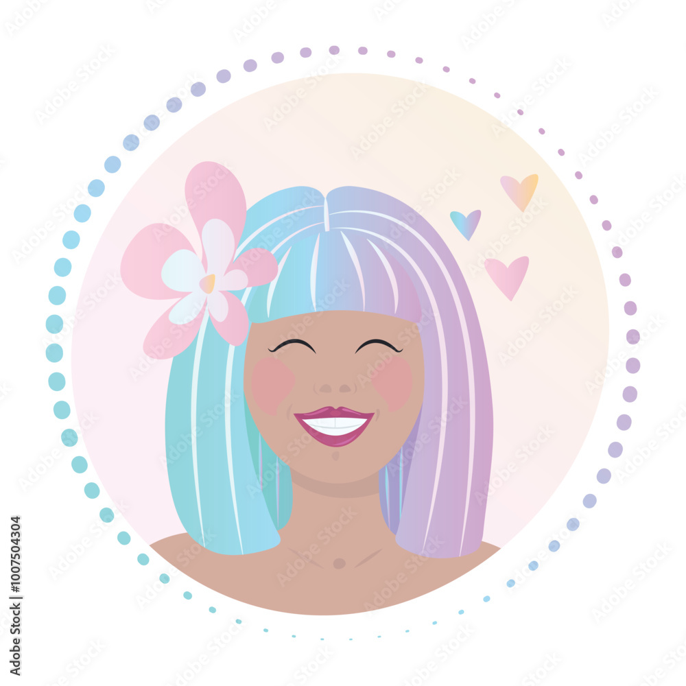 Happy woman face with smile, vector gradient sign, lady with bob haircut and flower in hair, round colorful illustration Happy woman face with smile, vector gradient sign, lady with bob haircut and flower in hair, round colorful illustration