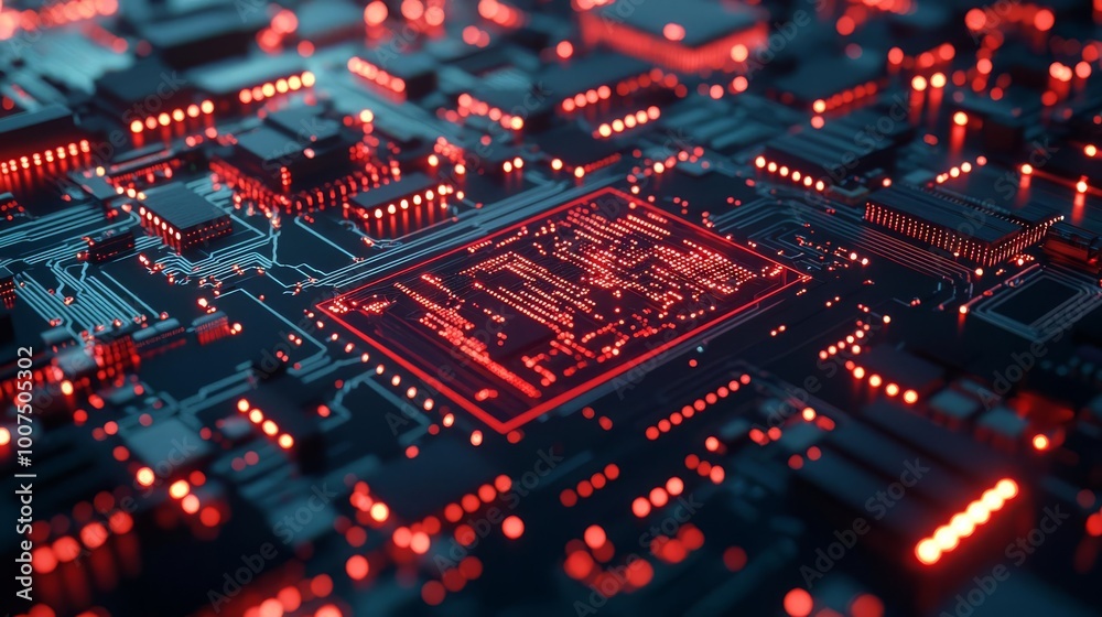 Abstract close-up view of a circuit board with red lights and intricate patterns. Abstract close-up view of a circuit board with red lights and intricate patterns.