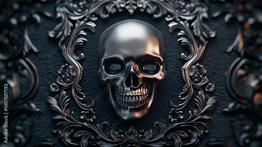 A silver skull sits in a ornate silver frame against a dark background. A silver skull sits in a ornate silver frame against a dark background.